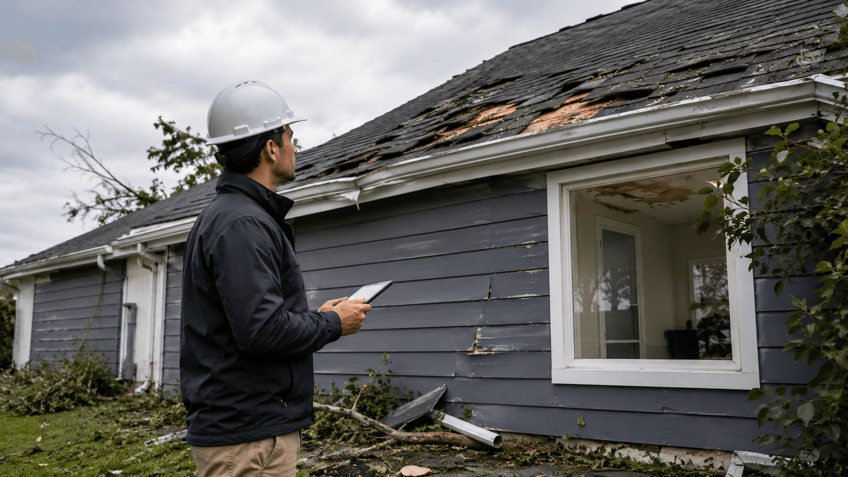 Wind and hail damage on a residential roof